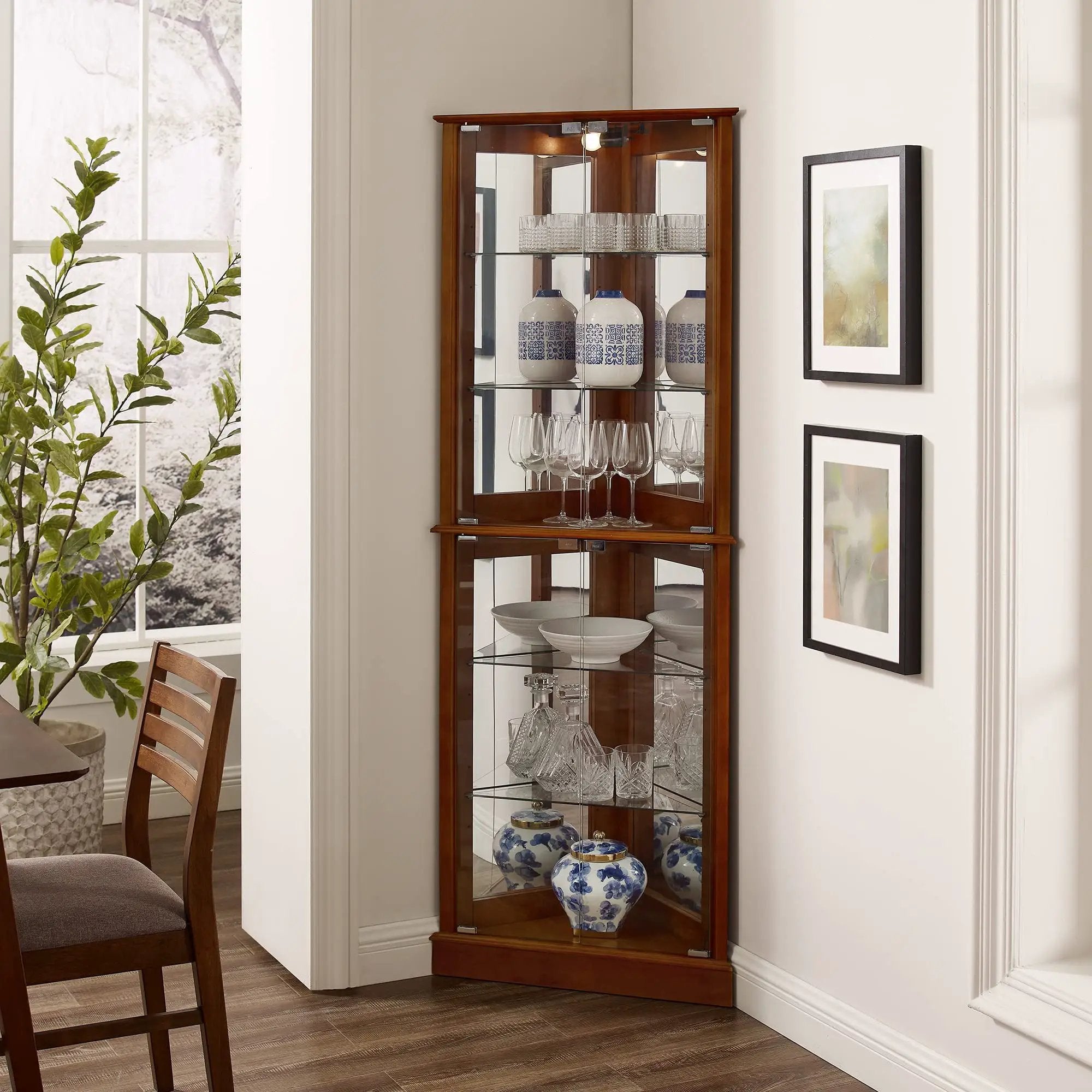 Corner Curio Dispaly Cabinet With Lights, Adjustable Tempered Glass Shelves, Mirrored Back (E26 Light Bulb Not Included) by Unique Piece Furniture