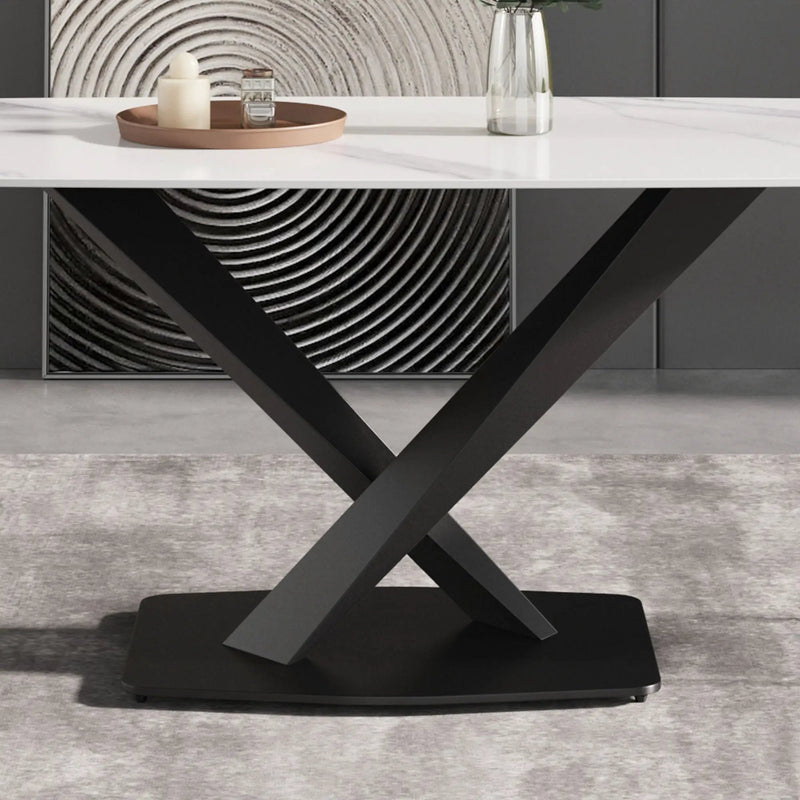 70.87" Modern Artificial Stone White Curved Black Metal Leg Dining Table, Can Accommodate 6-8 People - White / Black by HouseOfZazla