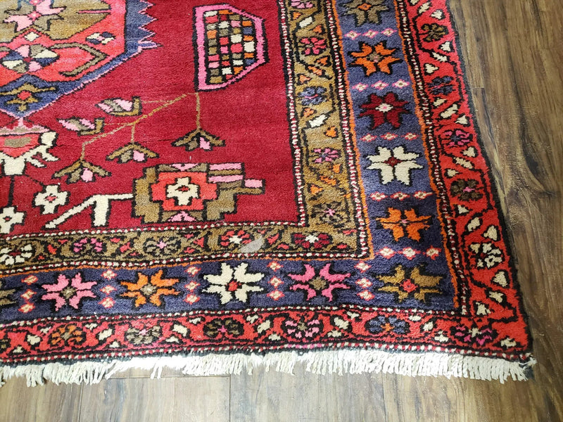 Antique Persian Karajeh Runner Rug 4.4 x 11 ft, Red Colorful Geometric Medallion Runner by Jewel Rugs