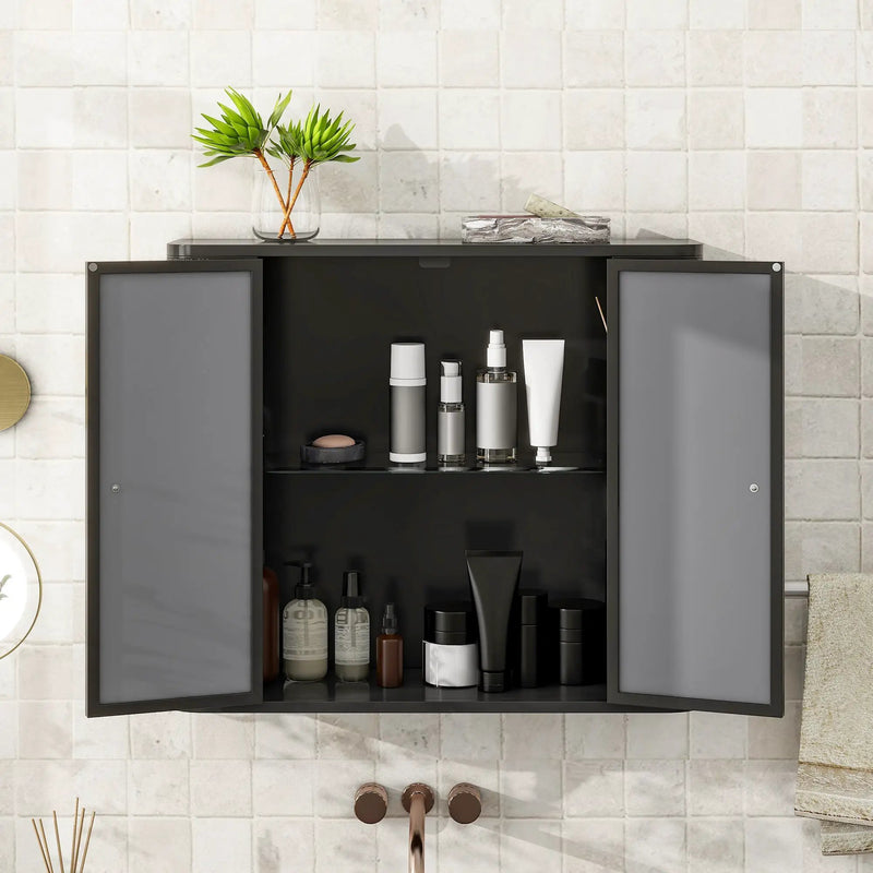 Black Wall-Mounted Bathroom Cabinet with Mirror, 2 Mirrored Doors & Open Shelf, photo 5 of 10