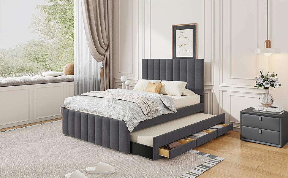 Upholstered Platform Bed With Twin Size Trundle And 3 Drawers by HouseOfZazla