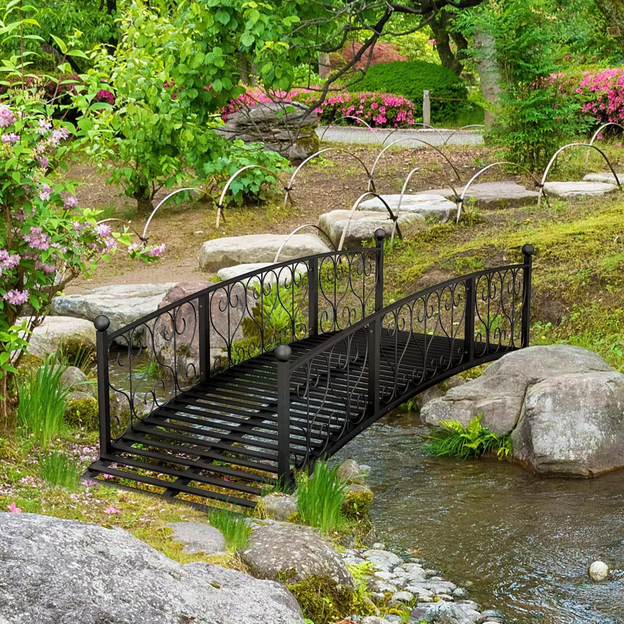 7FT Decorative Metal Arch Footbridge Garden Bridge With Safety Siderails (SAK53829) by SAKSBY WHOLESALE
