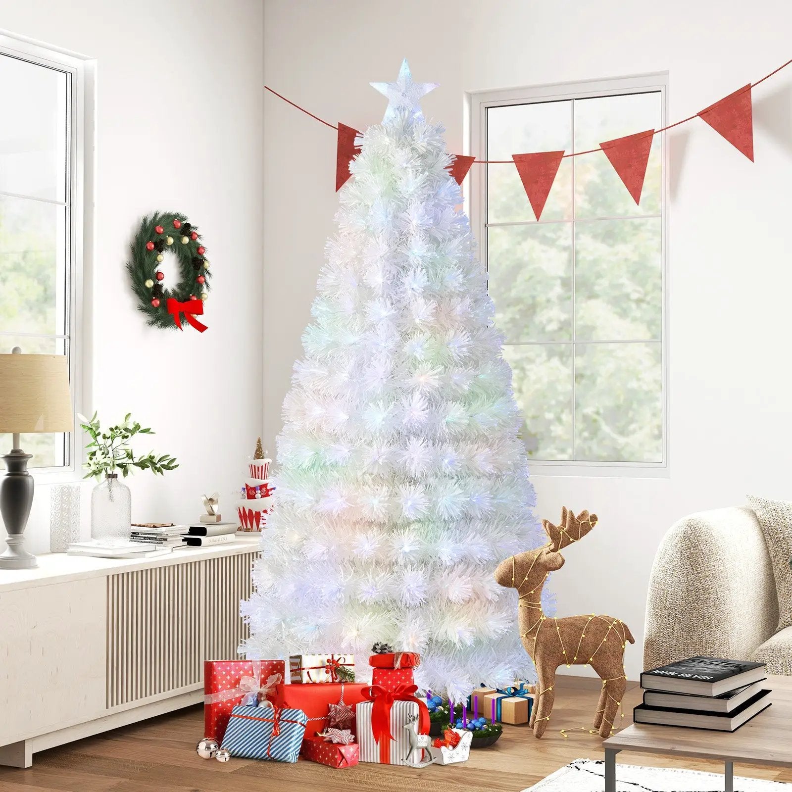 6/7 Feet Pre-Lit Fiber Optic White Snow-Flocked Artificial Christmas Tree by DirectDeals