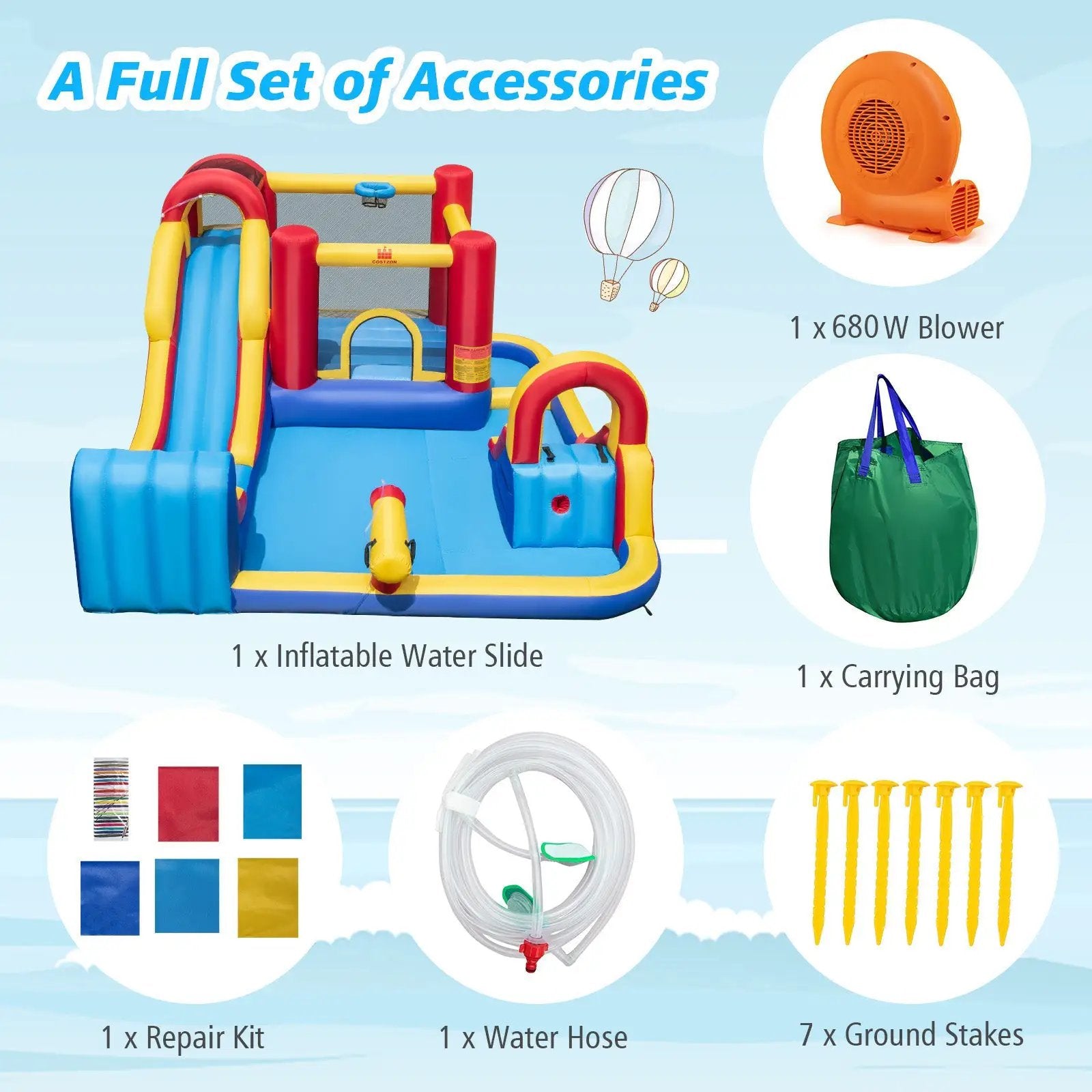 7 in 1 Outdoor Inflatable Bounce House with Water Slides and Splash Pools with 680W Blower by DirectDeals