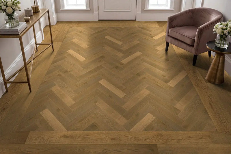 Mccarran Herringbone Wayland Matte Wood Look Planks 5x24 in a finished room