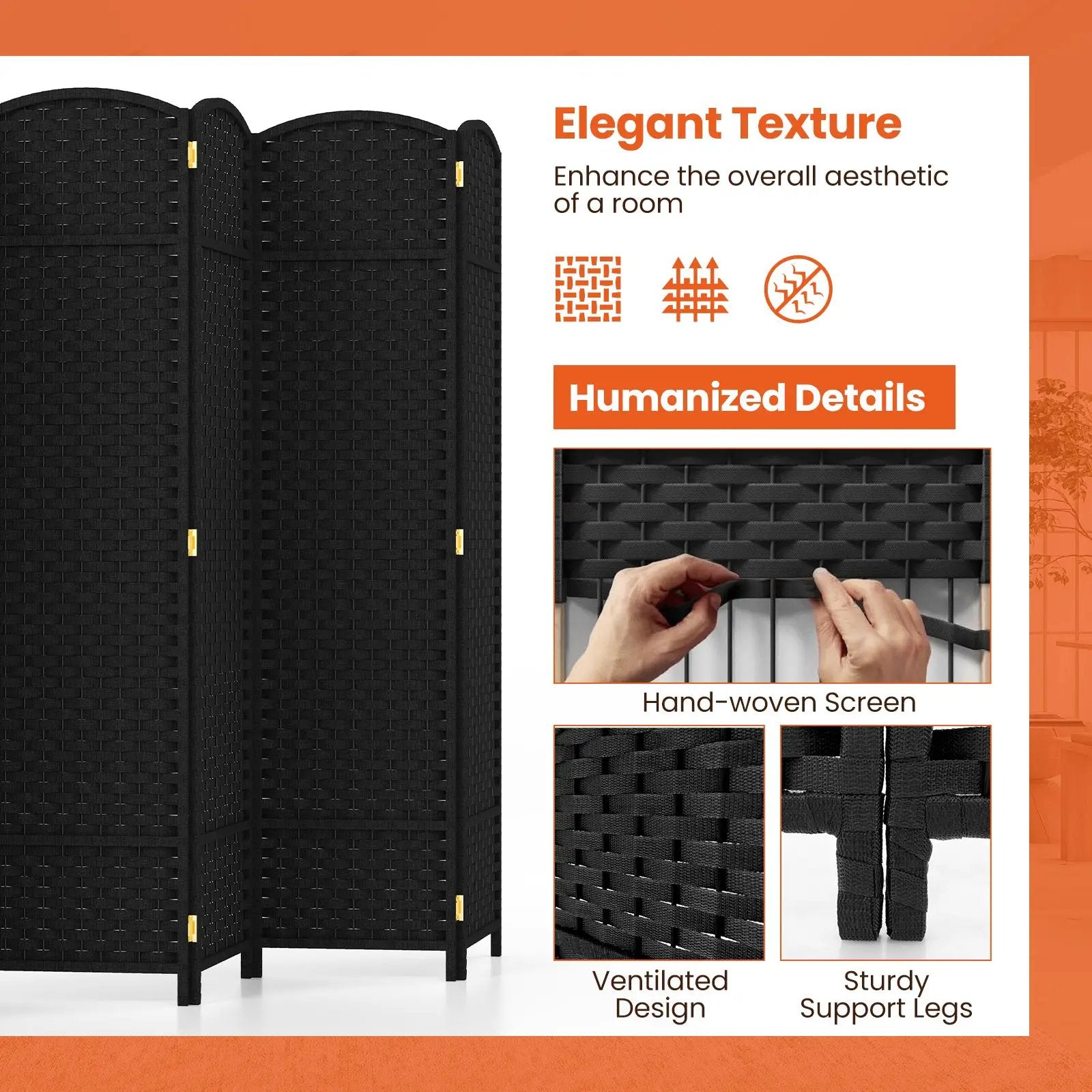 8-Panel Folding Room Divider with Hand-woven Texture and Wood Frame by DirectDeals