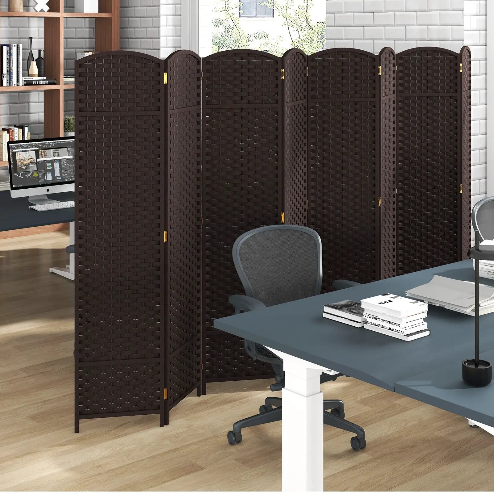 8-Panel Folding Room Divider with Hand-woven Texture and Wood Frame by DirectDeals