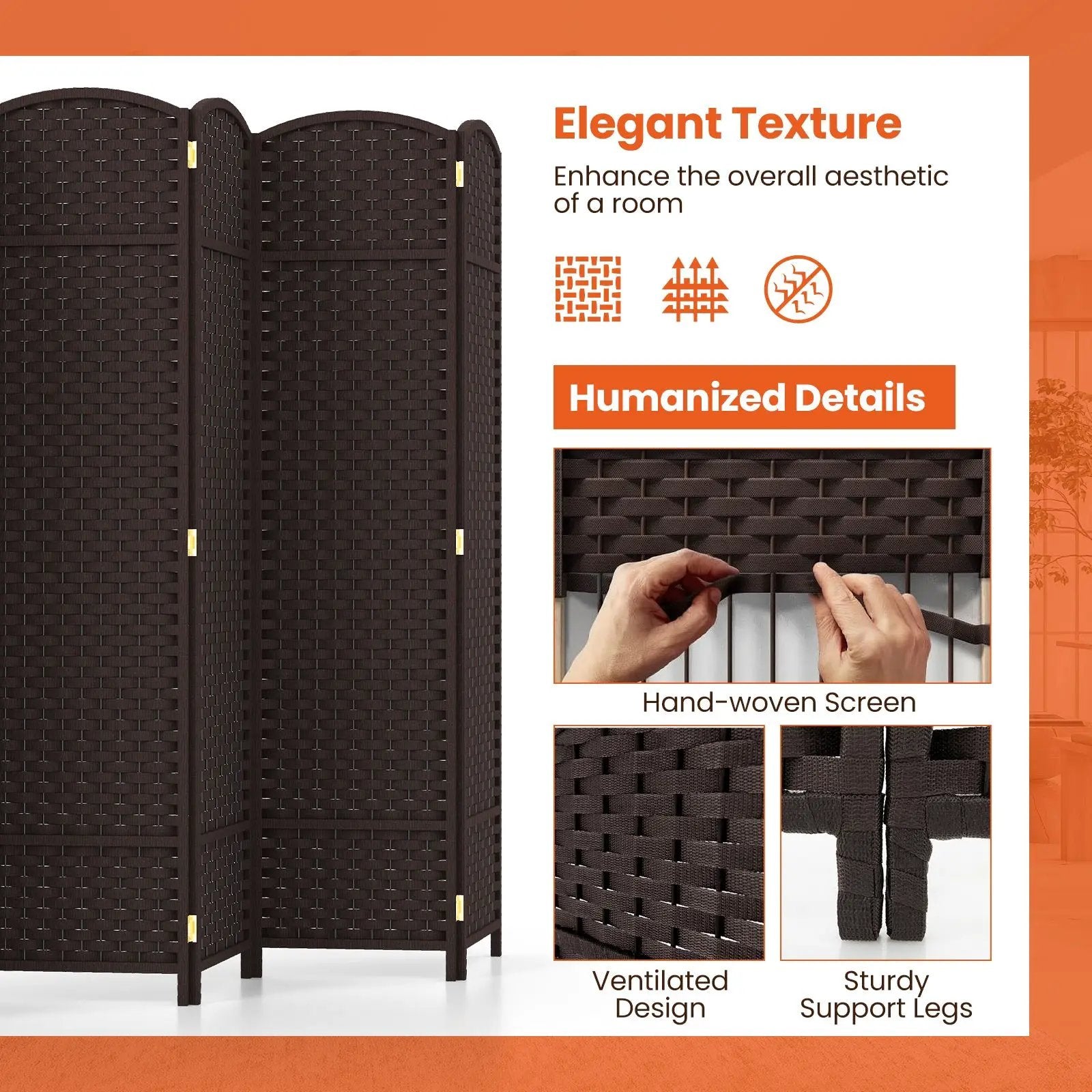 8-Panel Folding Room Divider with Hand-woven Texture and Wood Frame by DirectDeals