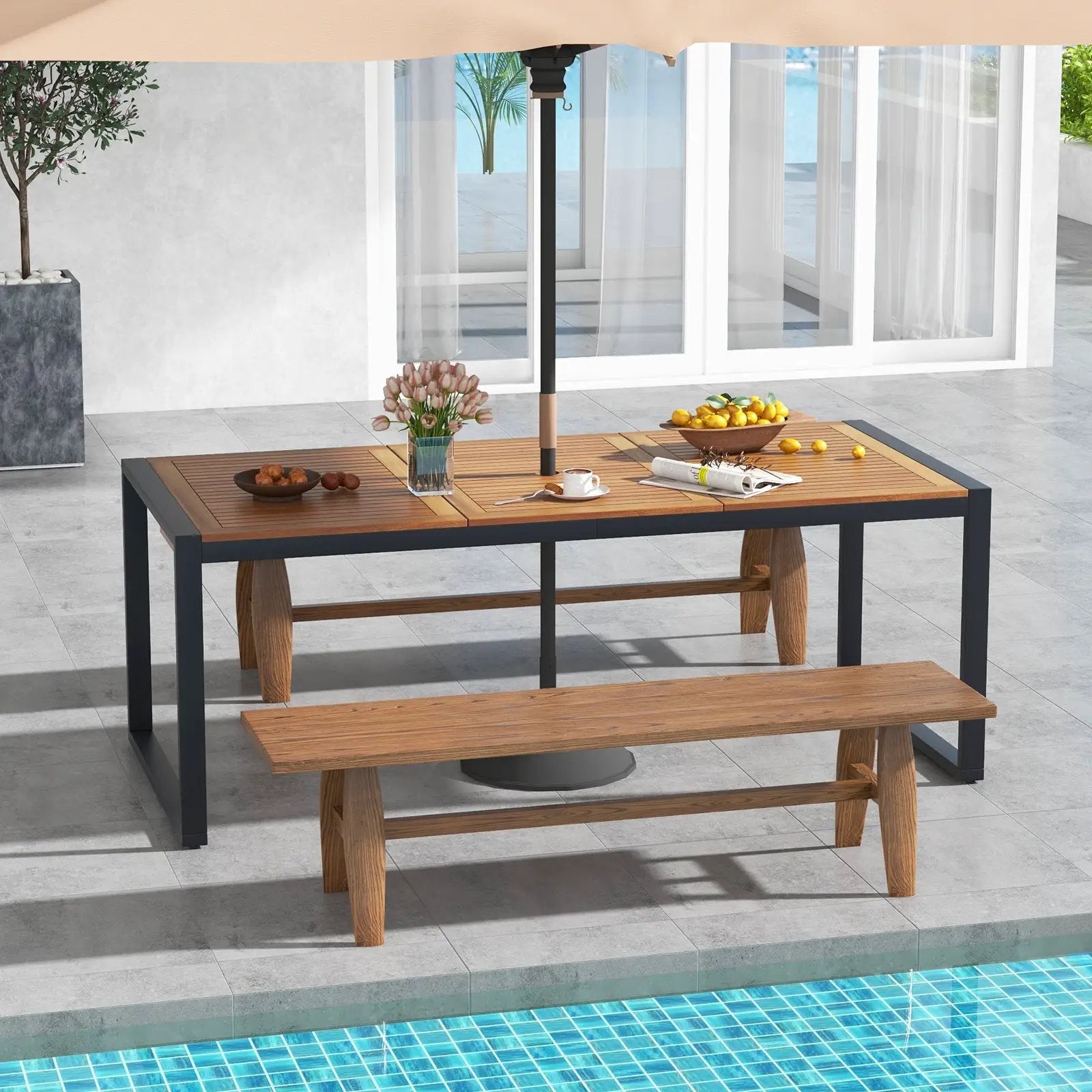 79 Inch Acacia Wood Patio Table with 1.9 Inch Umbrella Hole for Garden and Poolside by DirectDeals