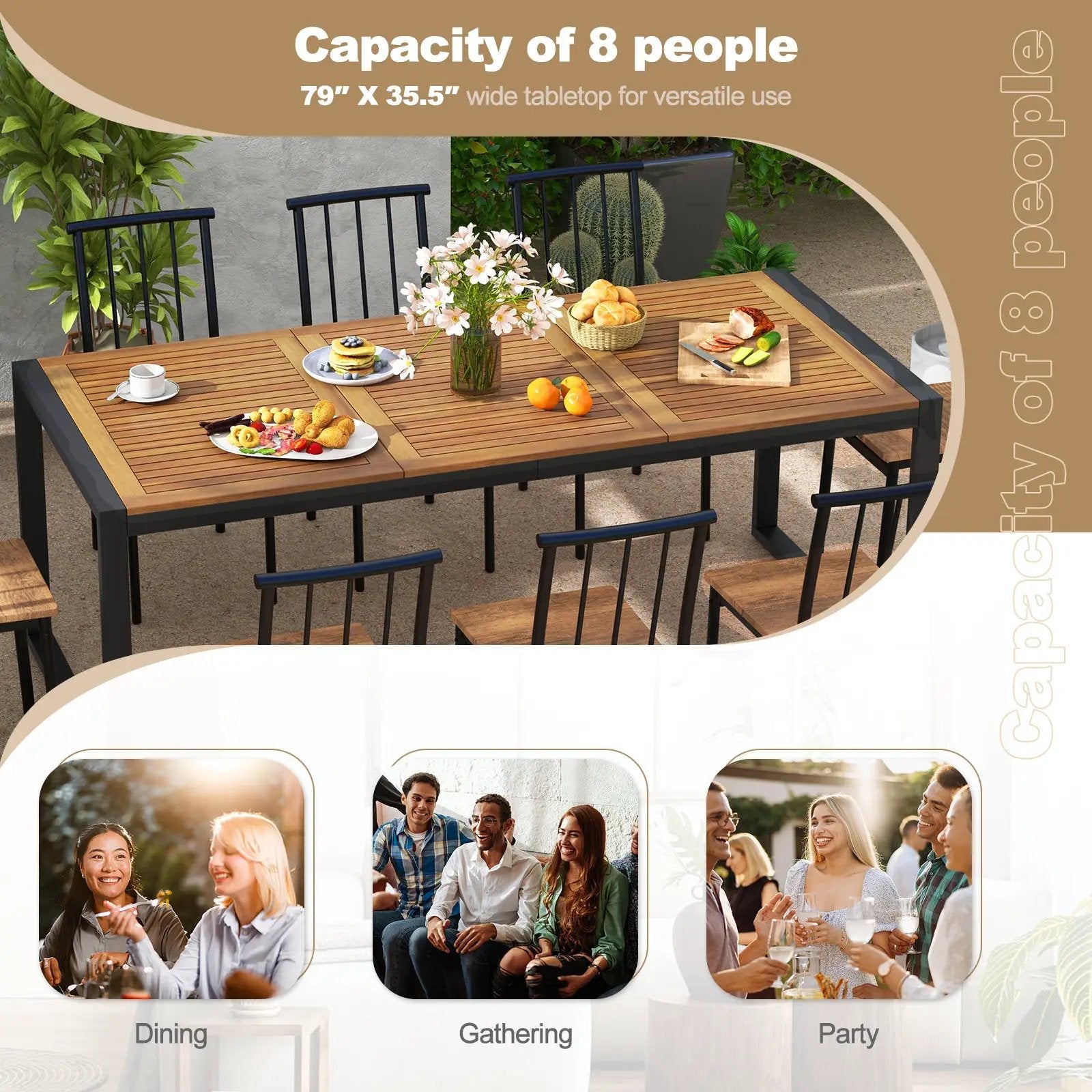 79 Inch Acacia Wood Patio Table with 1.9 Inch Umbrella Hole for Garden and Poolside by DirectDeals