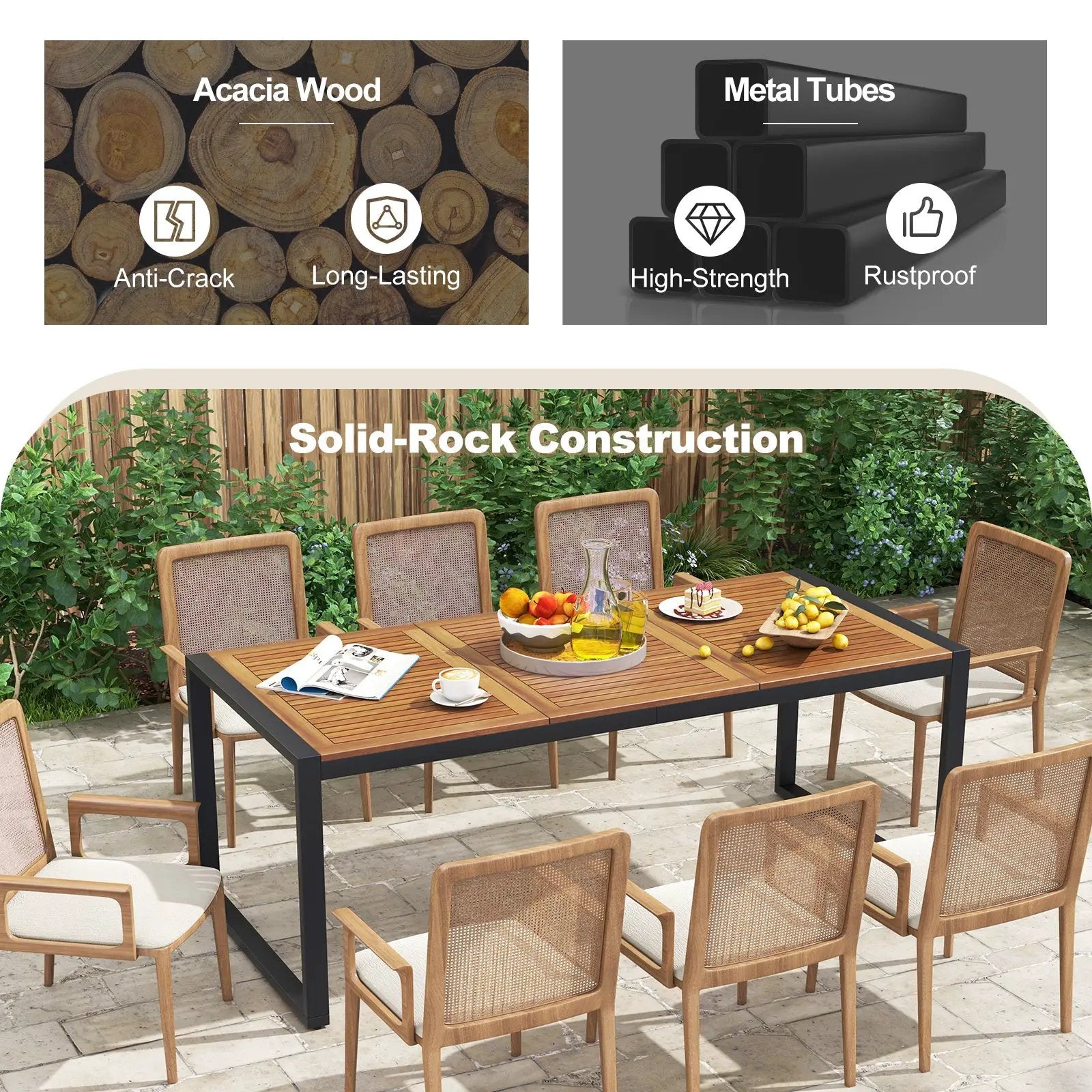 79 Inch Acacia Wood Patio Table with 1.9 Inch Umbrella Hole for Garden and Poolside by DirectDeals