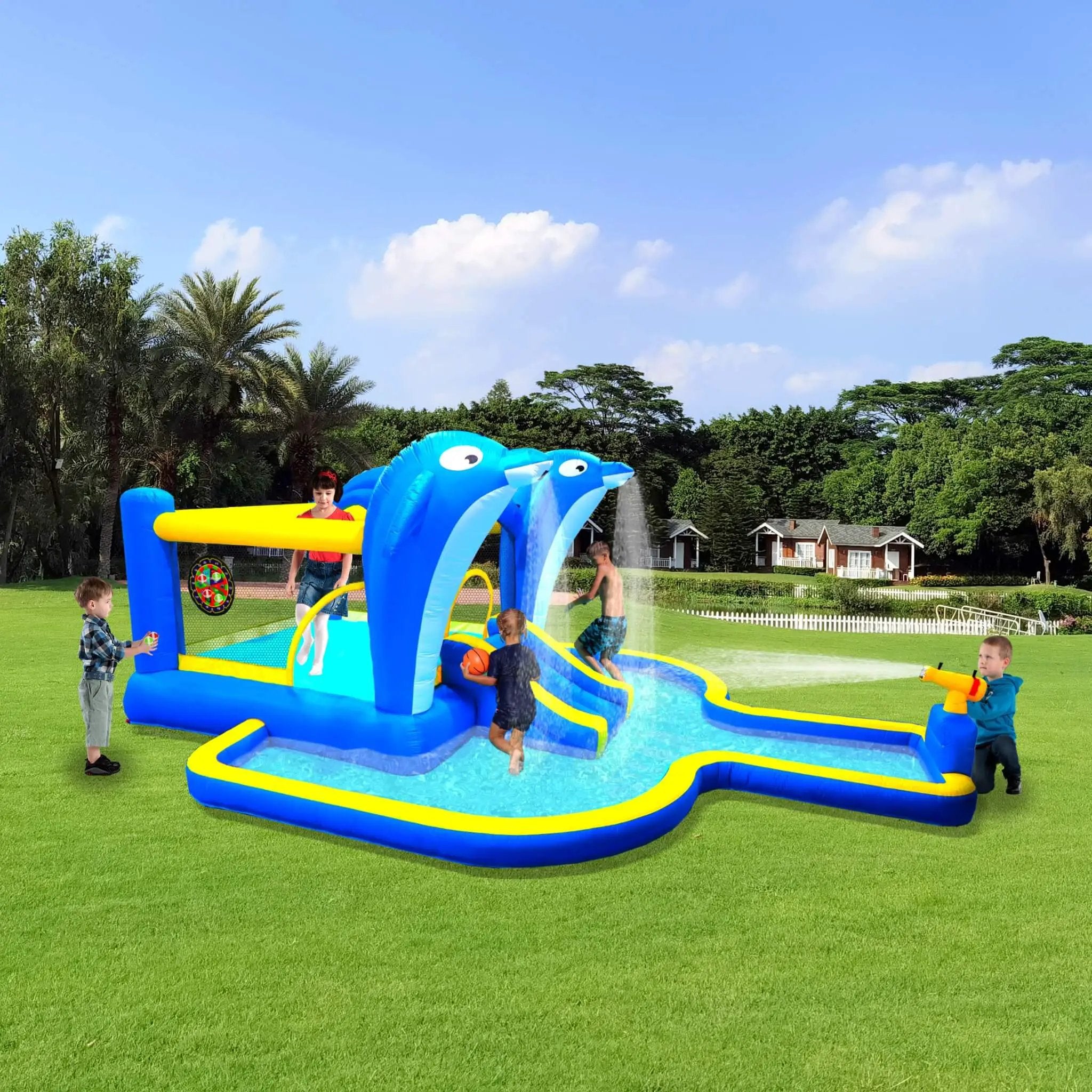 8-In-1 Inflatable Water Park Bounce House with Sprinkler, Water Gun, And Basketball Hoop (SAK38152) by SAKSBY WHOLESALE
