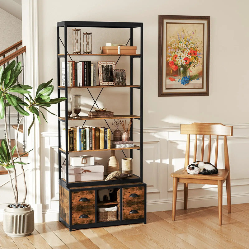 8-tier Bookshelf with 4 Fabric Drawers and Heavy-duty Metal Frame-Coffee by DirectDeals