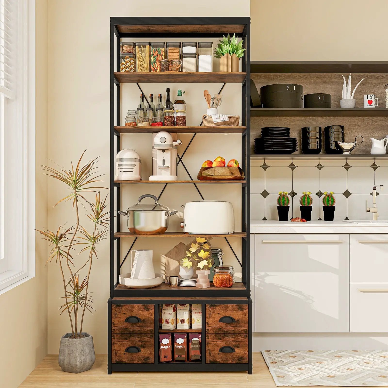 8-tier Bookshelf with 4 Fabric Drawers and Heavy-duty Metal Frame-Coffee by DirectDeals