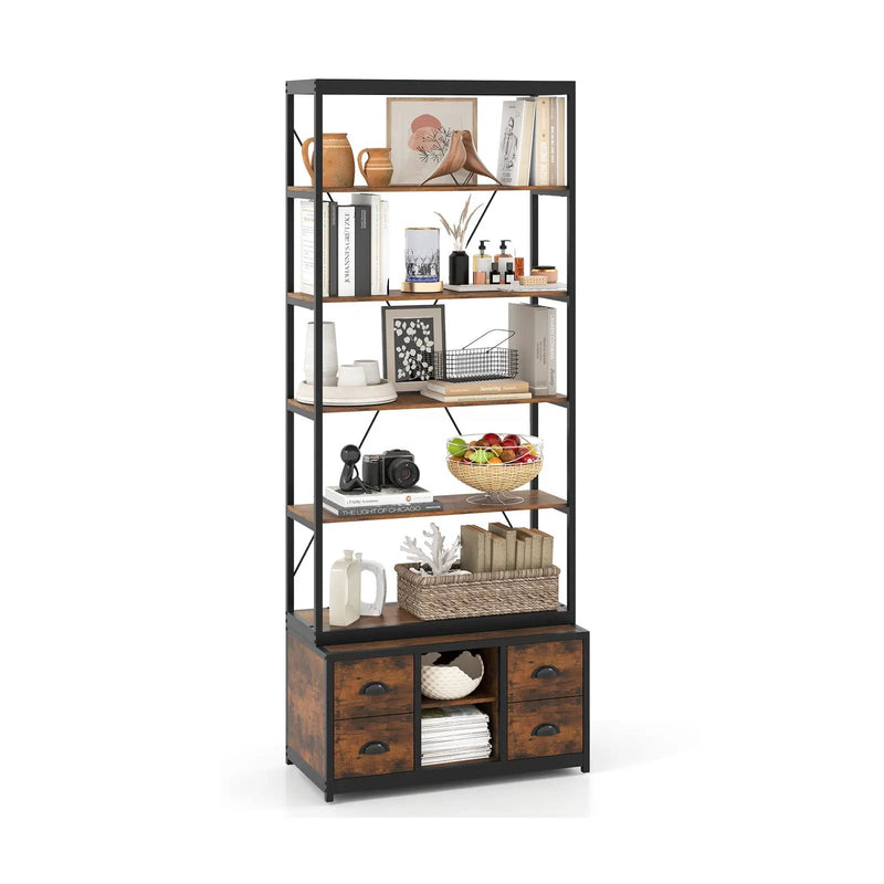 8-tier Bookshelf with 4 Fabric Drawers and Heavy-duty Metal Frame-Coffee by DirectDeals