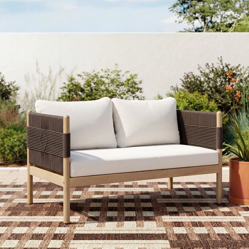 Outdoor Acacia Wood Loveseat with Diamond Rope Weave & Cushions, Light Teak by HouseOfZazla