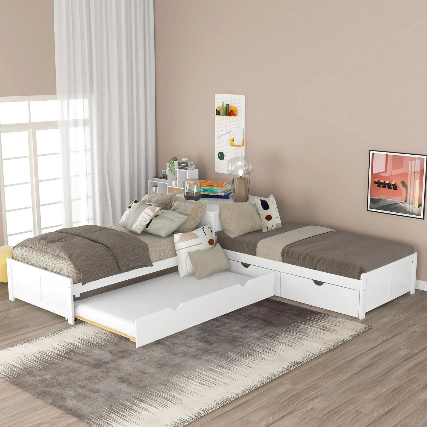 L Shaped Platform Bed With Trundle And Drawers Linked With Built In Desk by Unique Piece Furniture