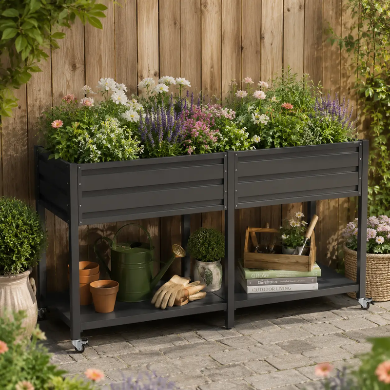 Dual Tier Elevated Metal Raised Garden Bed with Lockable Wheels & Lower Storage Shelf by HouseOfZazla