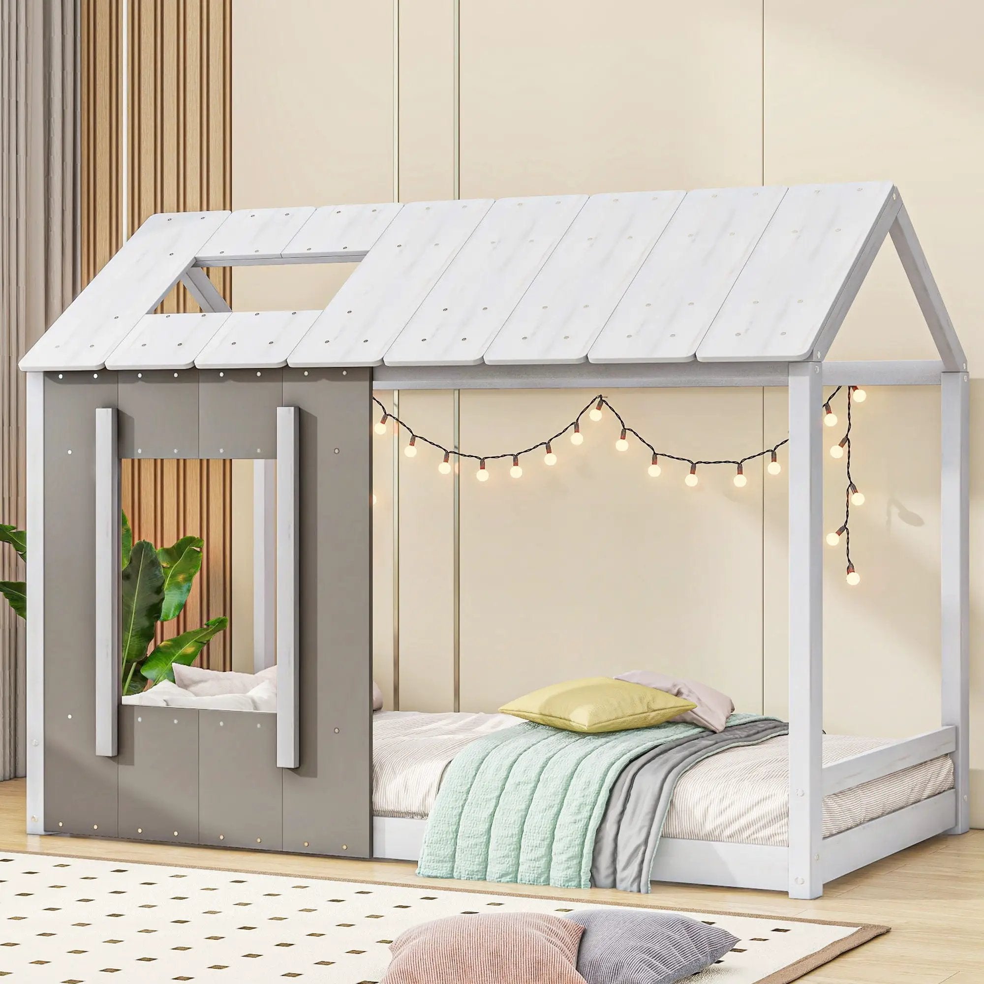 Twin Size House Platform Bed With Roof And Window - Natural / White by Unique Piece Furniture