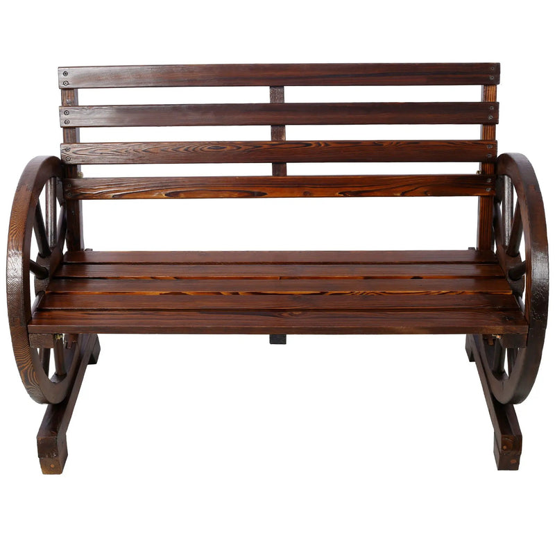 Rustic Country 2 Person Wooden Wagon Wheel Bench With Slatted Seat And Backrest - Brown by Unique Piece Furniture