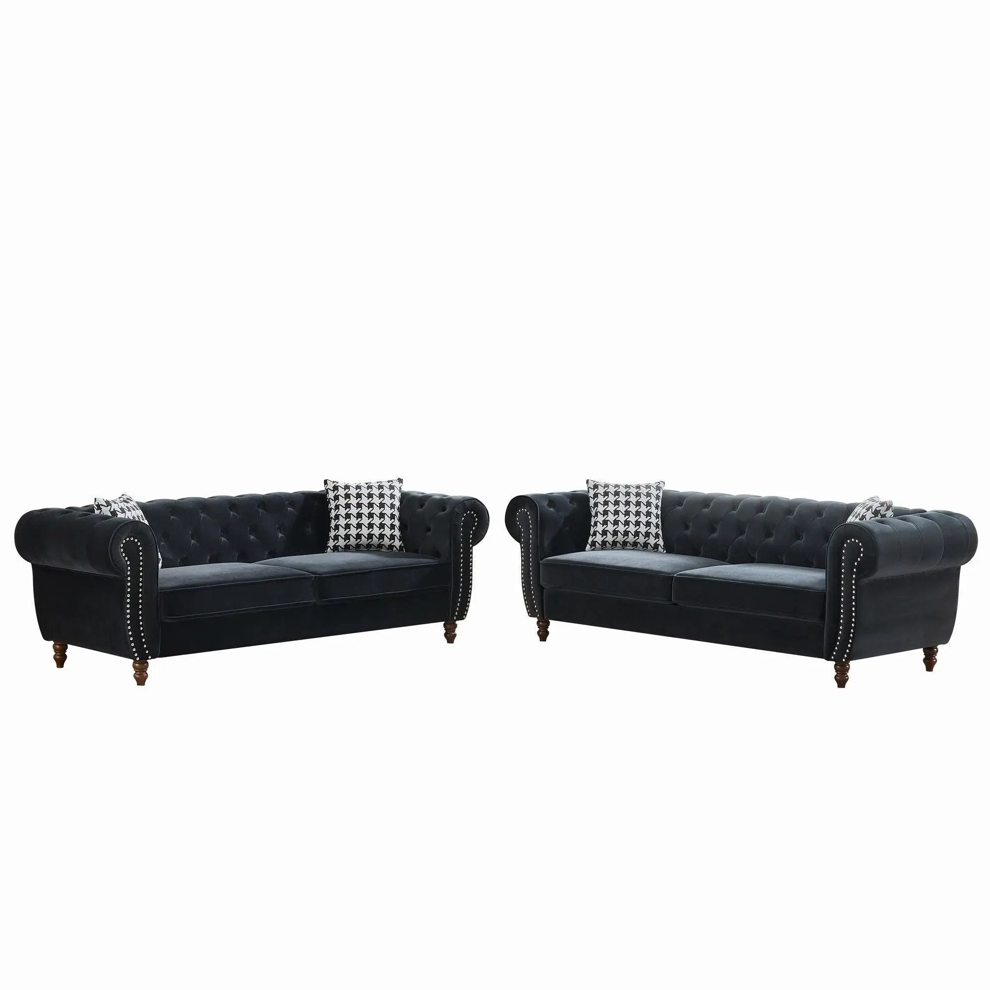 Chesterfield Upholstery Fabric Sofa With Roll Armrest & Nailhead, Mid Century Modern 3 And 3 Seater Couch by Unique Piece Furniture