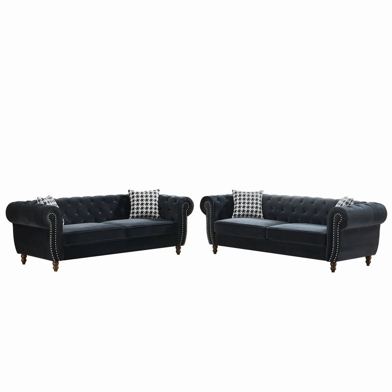 Chesterfield Upholstery Fabric Sofa With Roll Armrest & Nailhead, Mid Century Modern 3 And 3 Seater Couch by Unique Piece Furniture