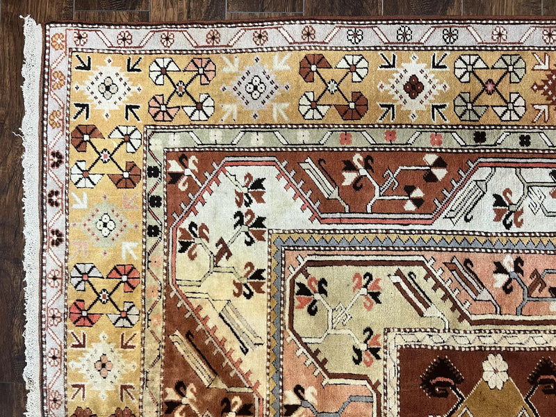 Turkish Rug 7x10, Wool Hand Knotted Vintage Carpet, Geometric Kazak Pattern by Jewel Rugs