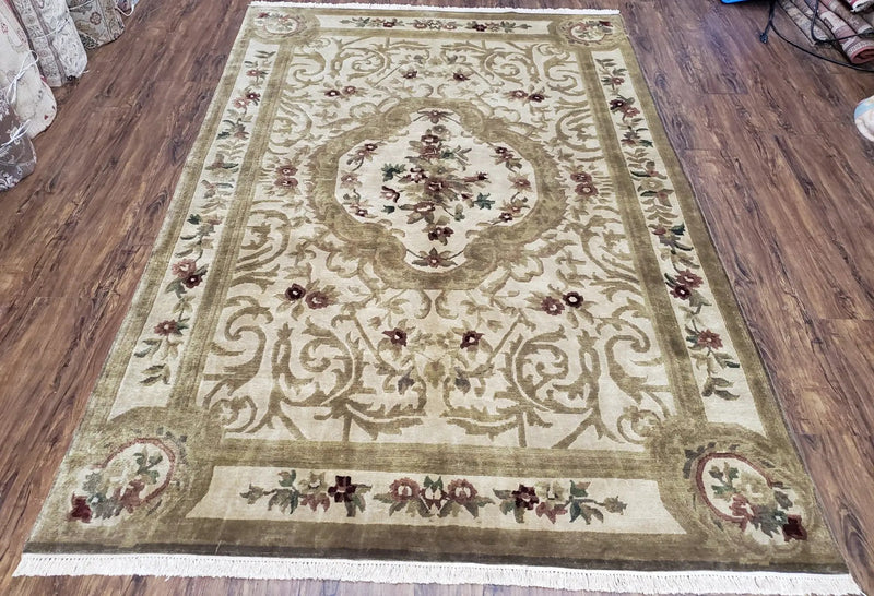 Vintage Nepali Tibetan Aubusson Rug 6x9, Wool Hand-Knotted Cream Beige Carpet, Leaves & Floral Pattern 6 x 9 Soft Area Rug Home Office Rug by Jewel Rugs