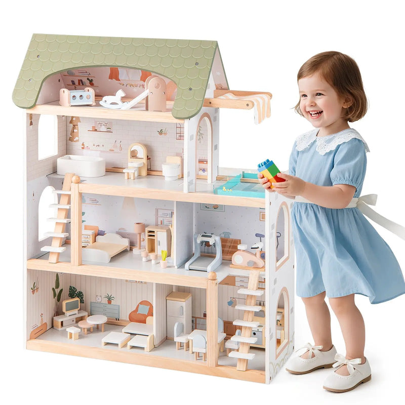 Wooden Dollhouse Kids DIY Pretend Playhouse with 33 PCS Furniture Accessories-Green by DirectDeals