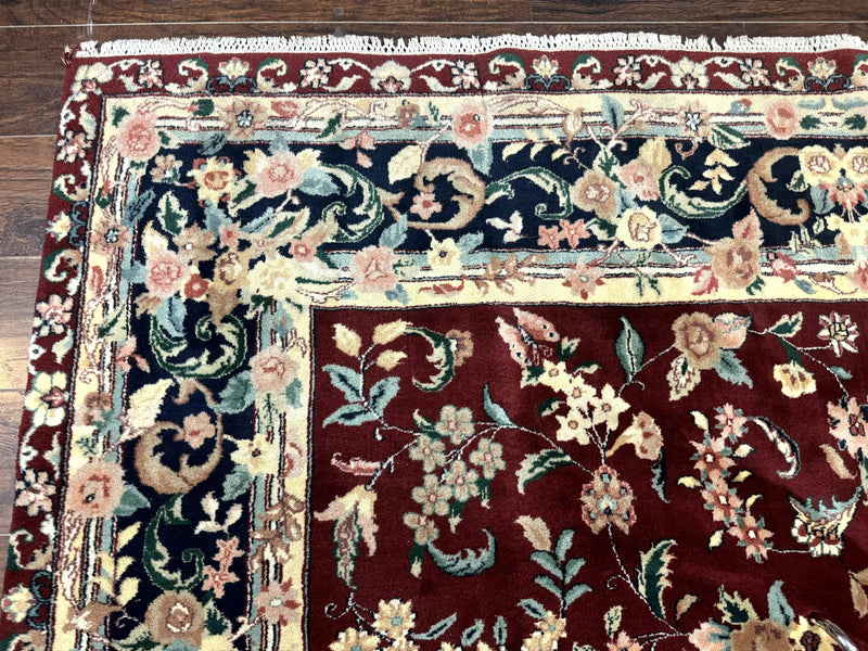 Indo Persian Rug 8x10, Floral Allover with Bird Pictorials, Maroon and Navy Blue, Handmade Wool Area Rug by Jewel Rugs