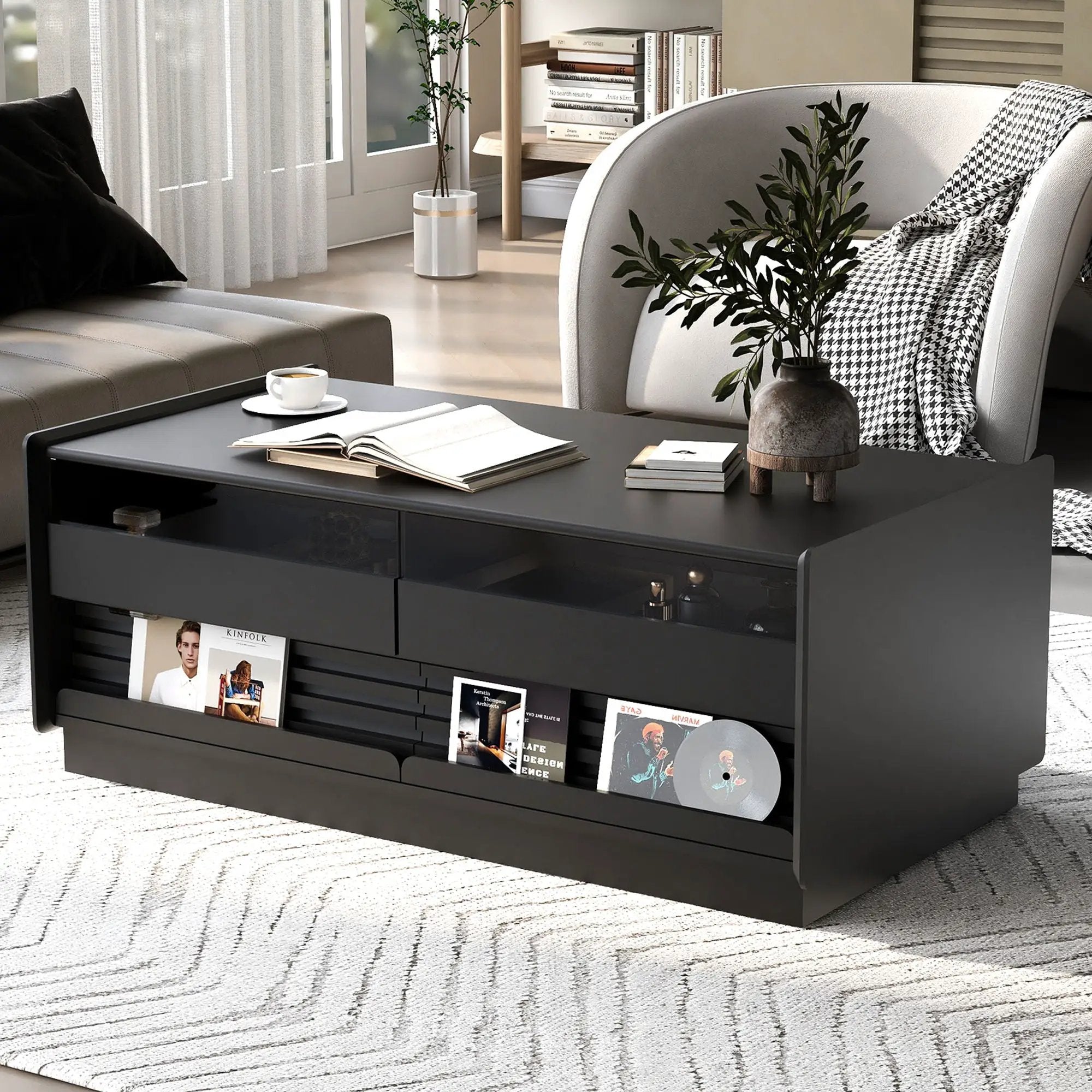 Modern Rectangle Coffee Table With 4 Drawers And 2 Display Shelves by Unique Piece Furniture