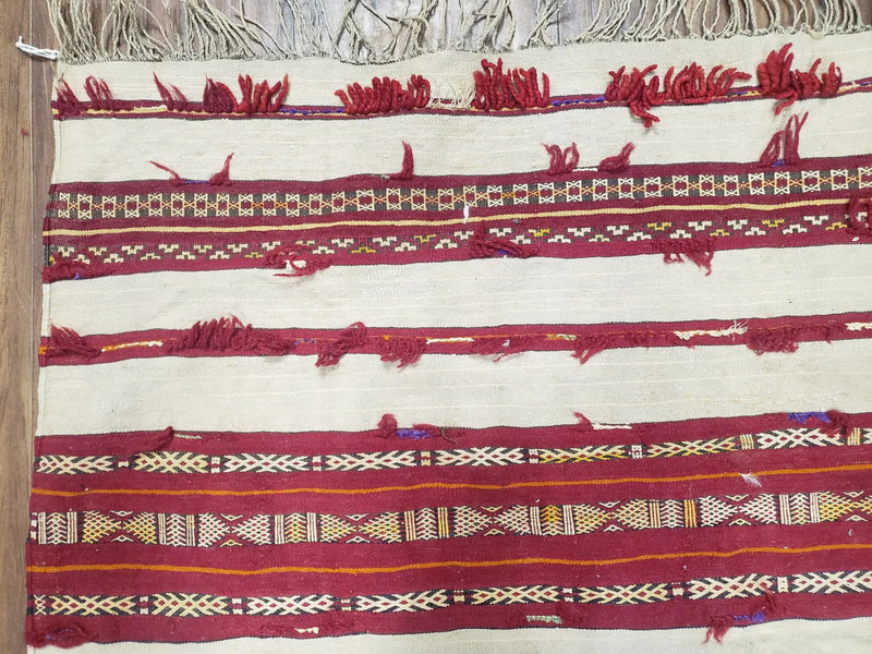 Antique Turkoman Yamud Rug 3x5 ft, 1920s Turkmen Sofreh Table Cover, Bohemian Rug, Tribal Collectible, Striped Rug, Handmade Ivory and Red by Jewel Rugs