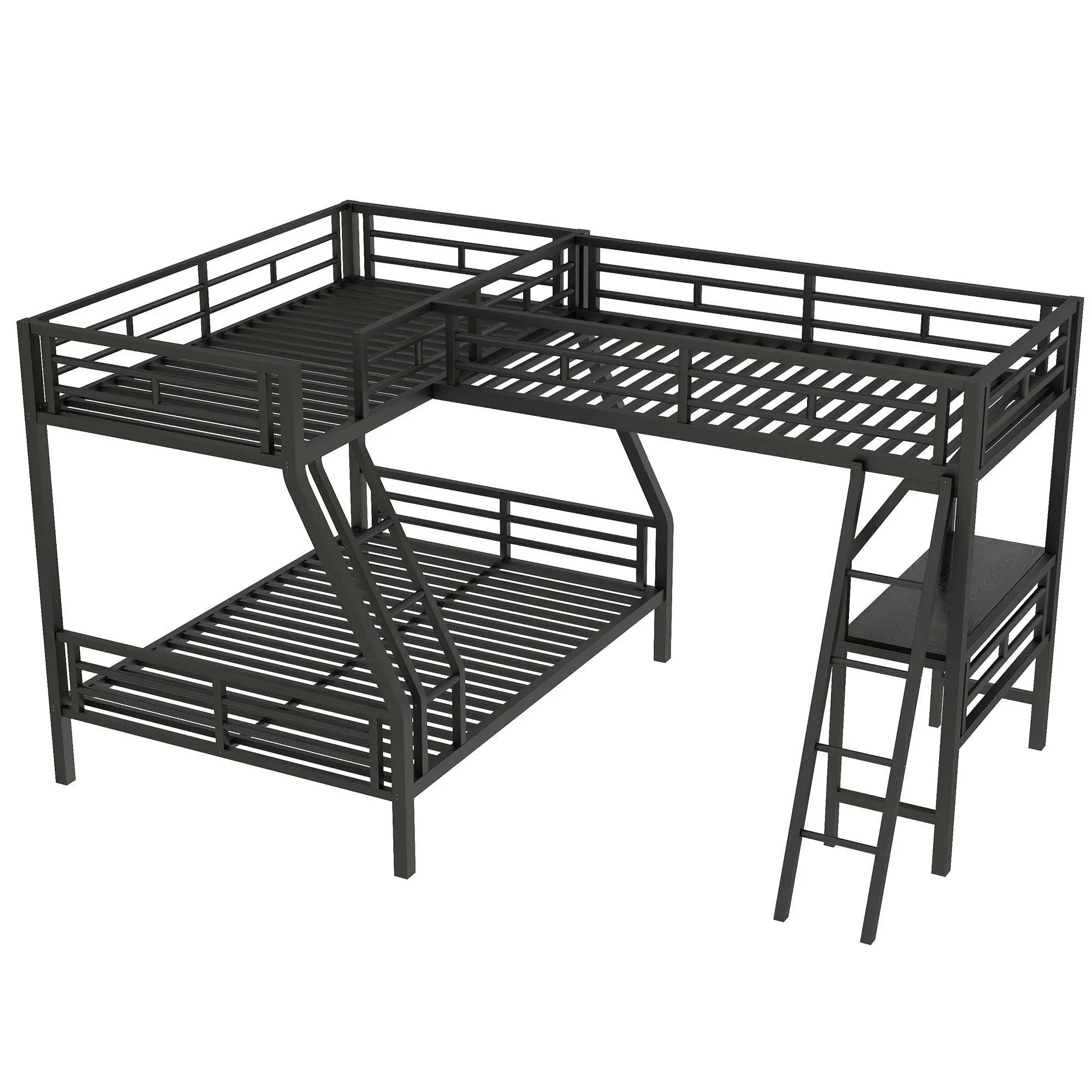 Twin Over Full Bunk Bed With Loft And Desk, L-Shaped Design For 3 Sleepers - Black by HouseOfZazla