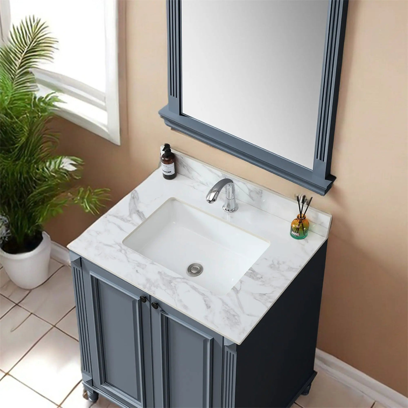 Elegant Bathroom Vanity Top With Rectangular Ceramic Sink And Backsplash by HouseOfZazla