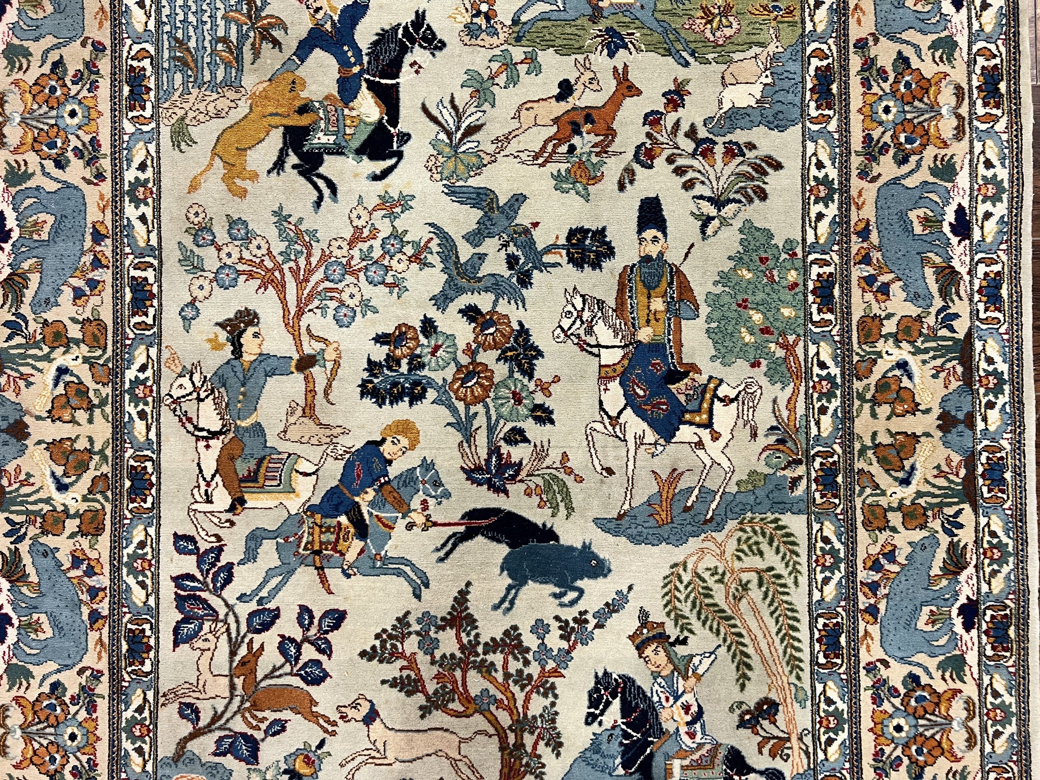 Persian Kashan Pictorial Rug 4.6 x 7, Hunting Scene, Signed by Masterweaver, Animal Pictorials, Rare, Handmade, Wool, Vintage, Very Fine by Jewel Rugs