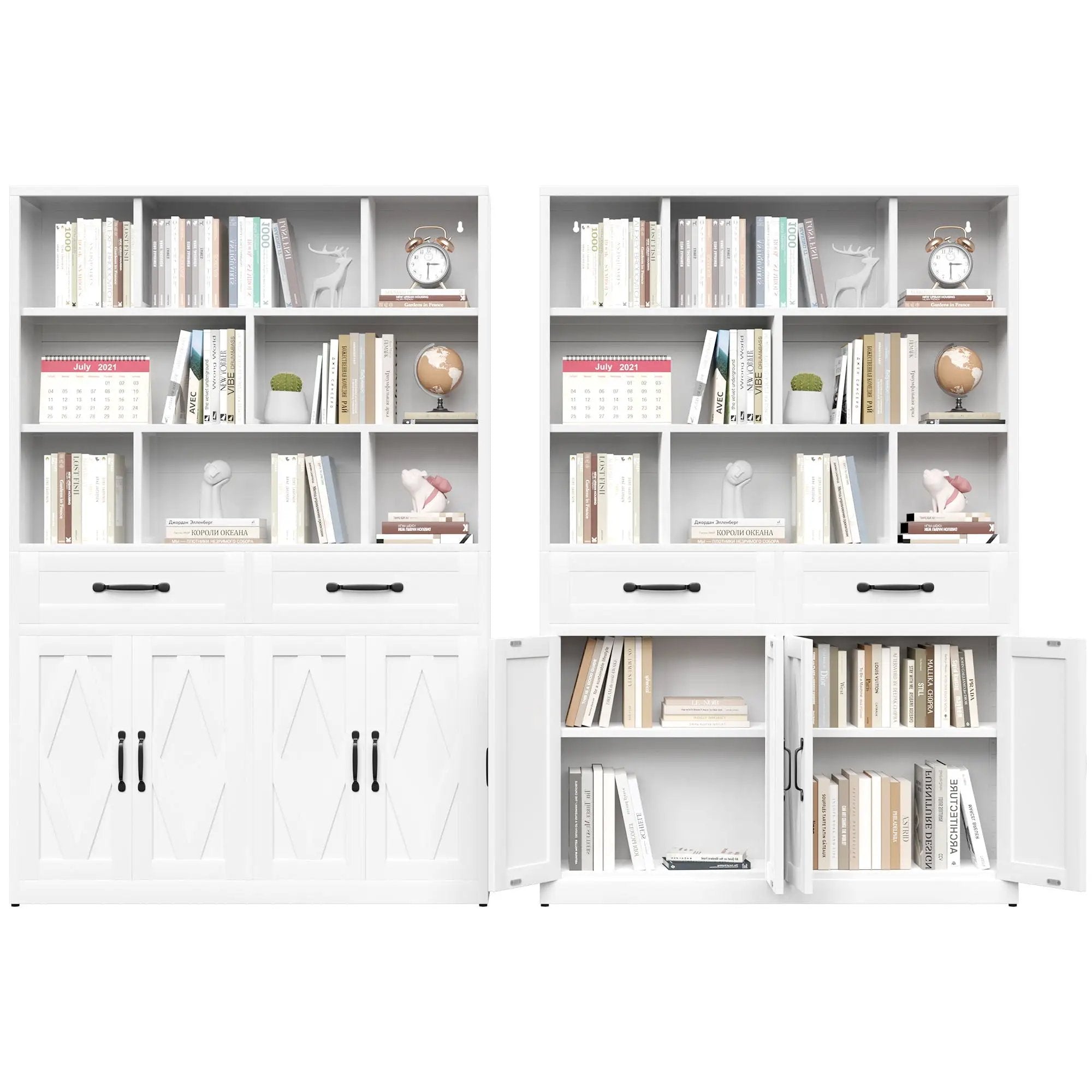 Bookcase Tall With 2 Doors & 2 Drawers, Fixed Open Shelves - White by HouseOfZazla