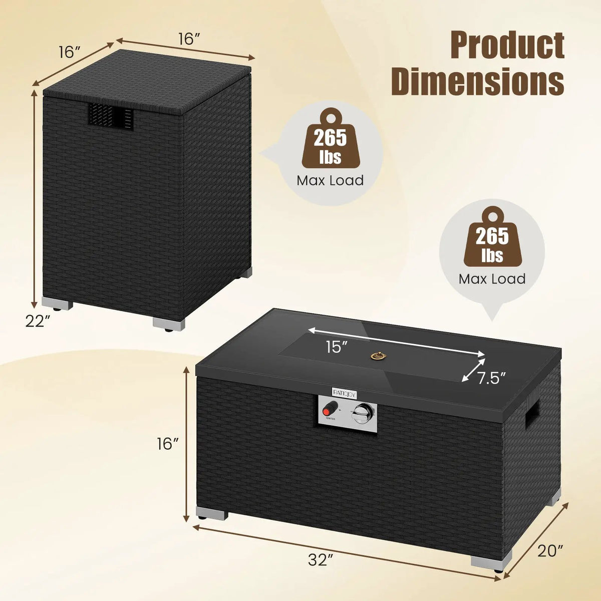 2-Piece Outdoor Rattan Fire Table Set 32 Inch Rectangle Gas Firepit with Tank Cover, photo 14 of 24