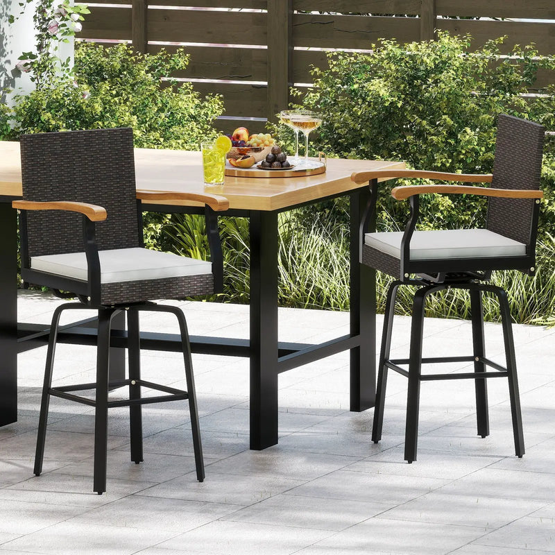 Set of 2 Outdoor 360¬∞ Swivel Bar Stool with Cushion and Acacia Wood Armrests by DirectDeals