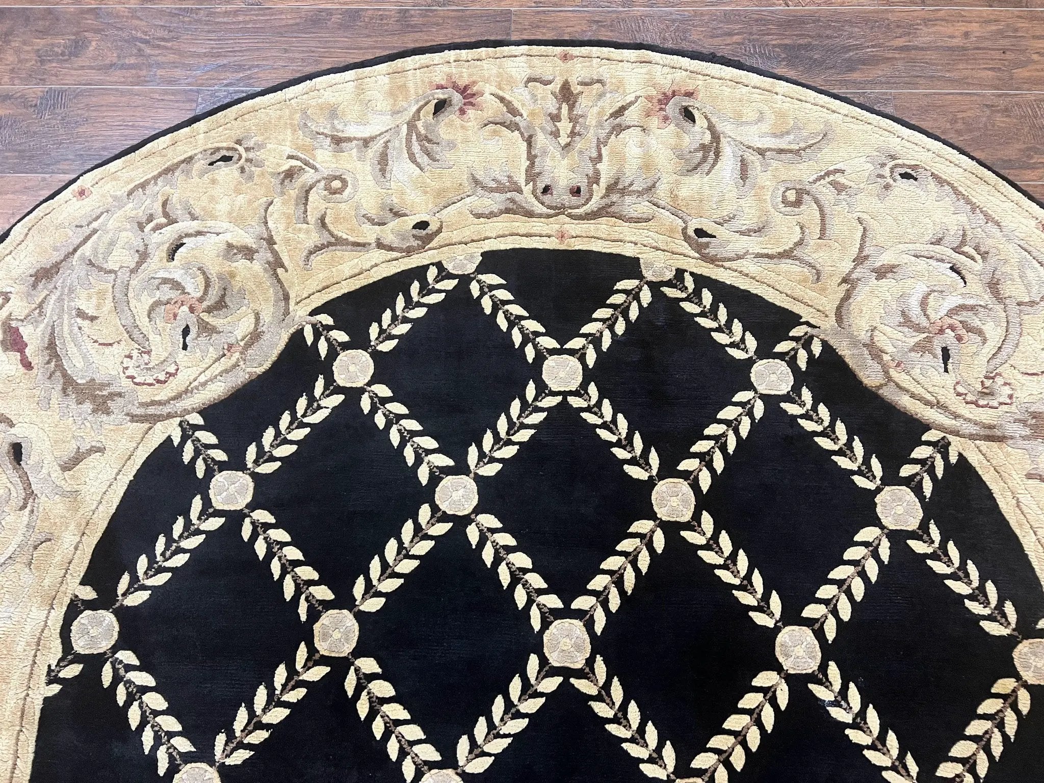 Oval Tibetan Rug 8x10, French Aubusson Design, Wool Handmade Vintage Carpet, Black & Beige, Soft Wool Pile by Jewel Rugs