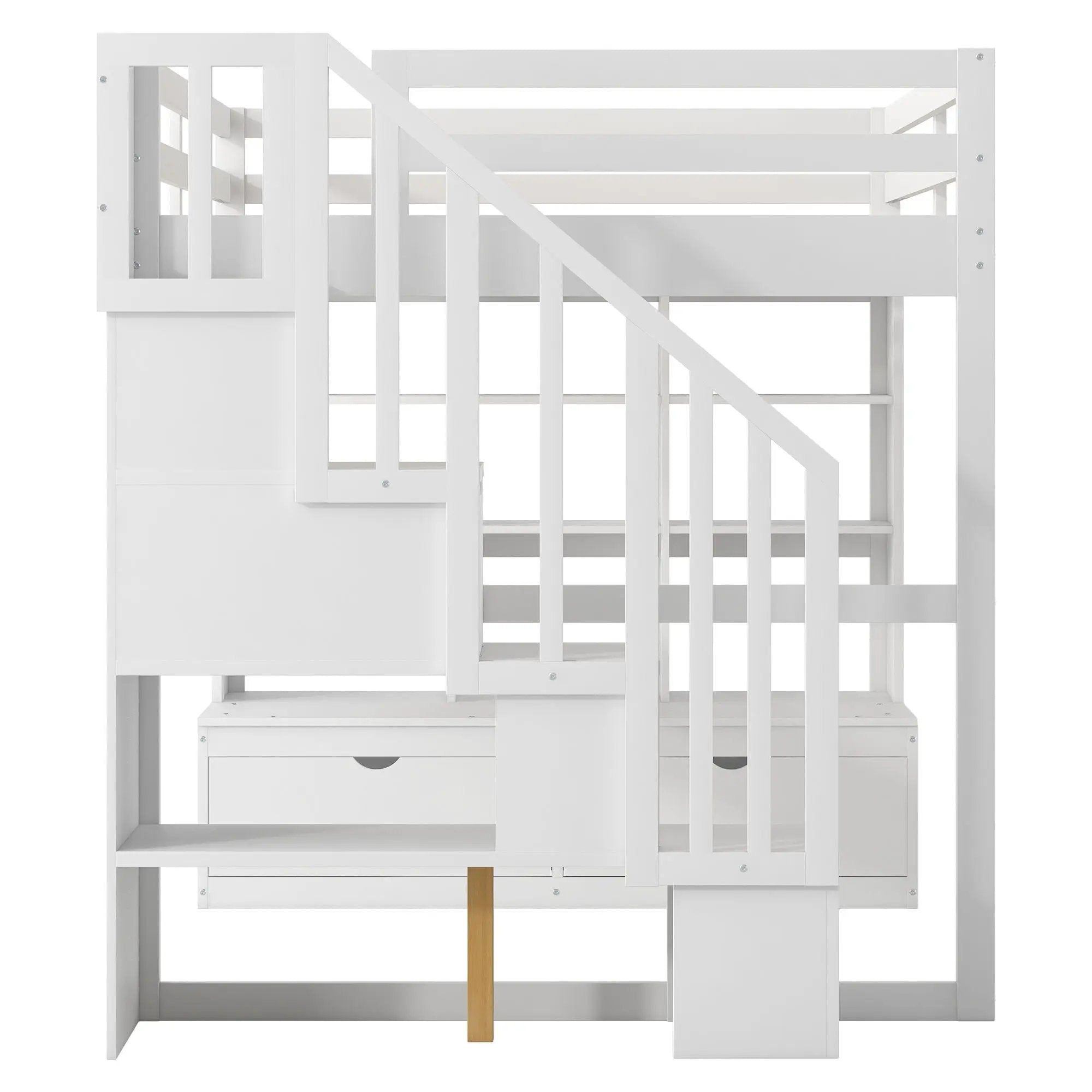 Full Size Loft Bed With Desk And Shelves, 2 Built In Drawers, Storage Staircase - White by Unique Piece Furniture