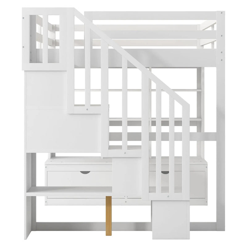 Full Size Loft Bed With Desk And Shelves, 2 Built In Drawers, Storage Staircase - White by Unique Piece Furniture