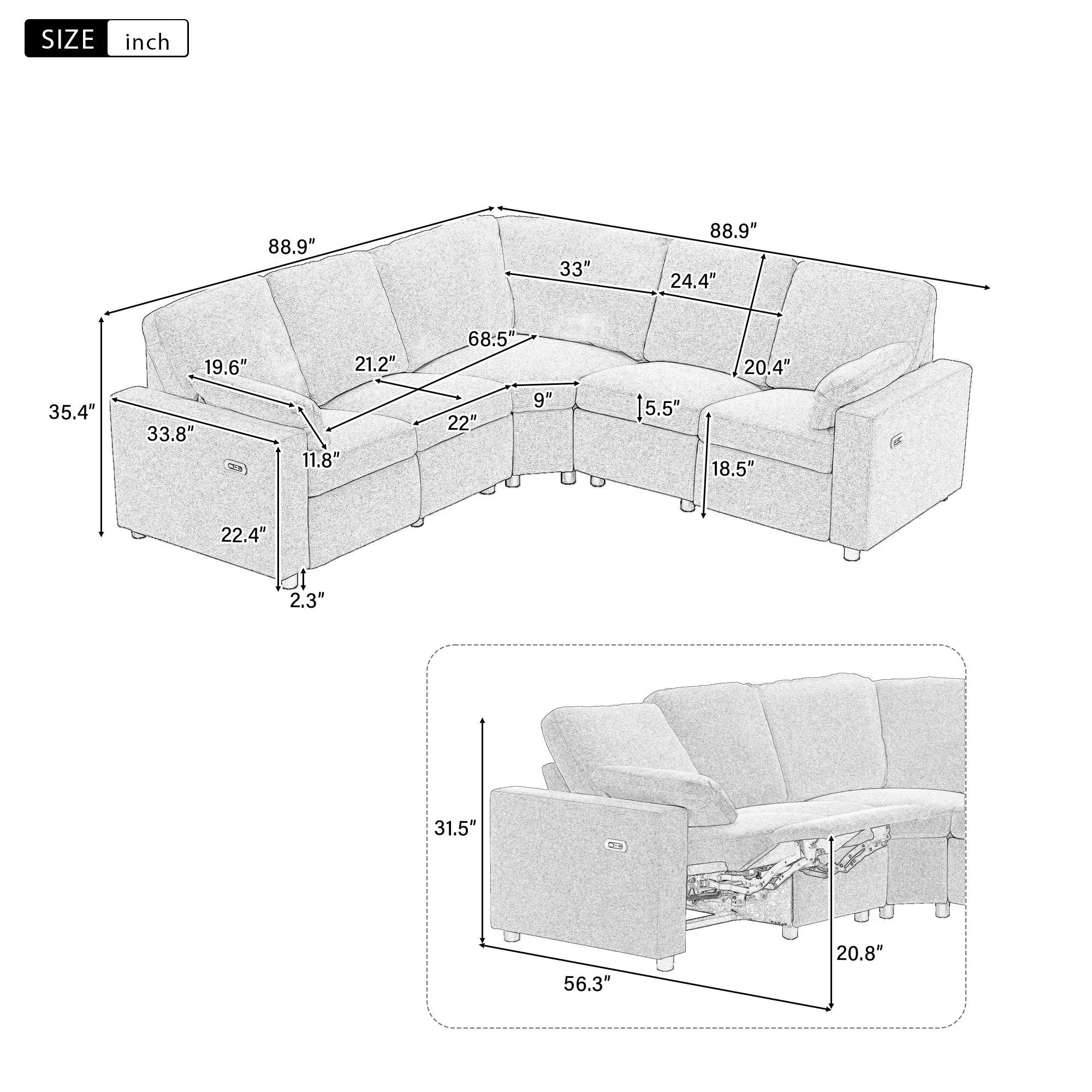 Power Recliner Sectional Sofa Home Theater Reclining Sofa With Two USB Ports, Two Storage Drawers For Living Room by Unique Piece Furniture