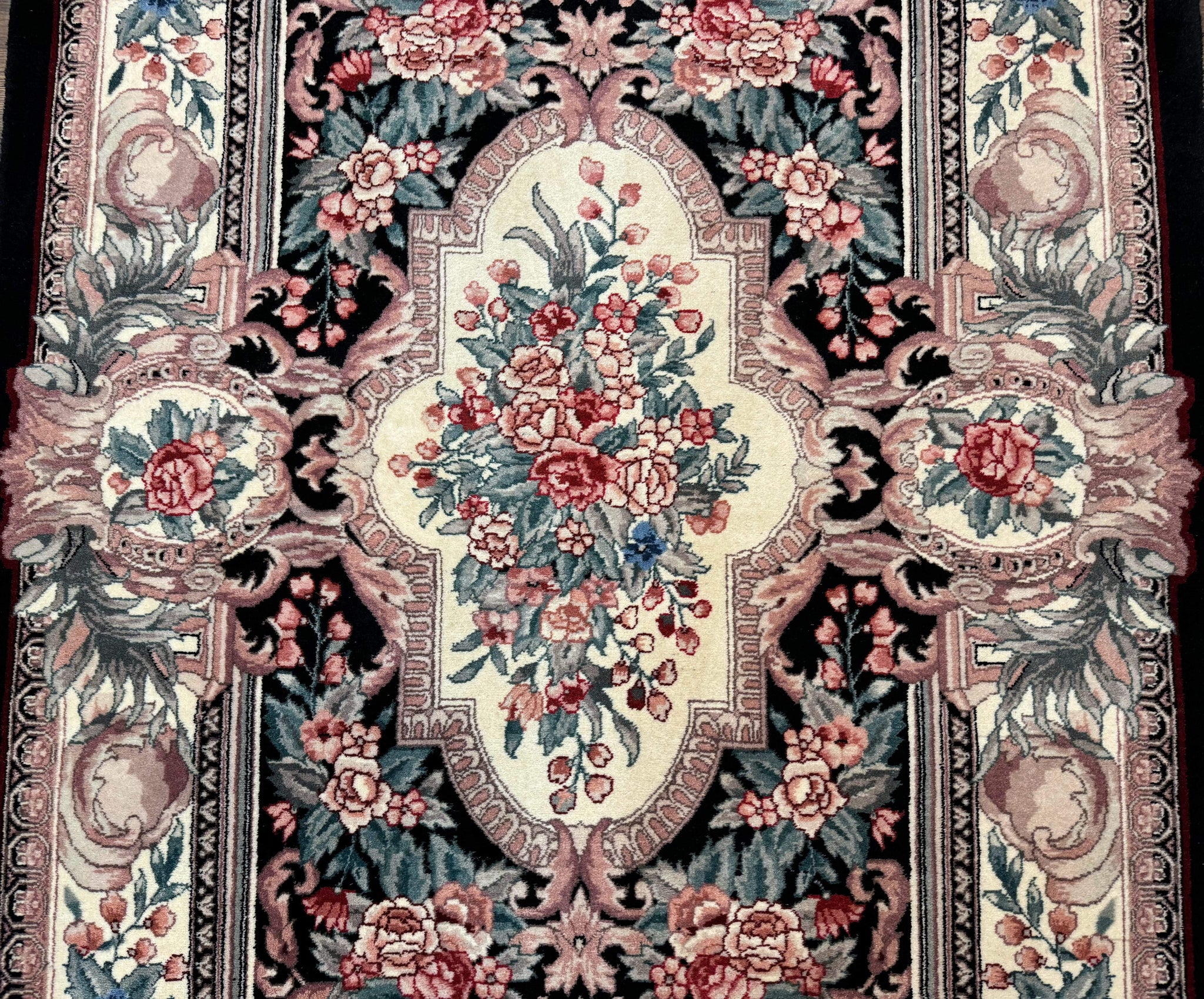 Aubusson Rug 4x6, Elegant European Floral Design, Black and Ivory, Fine 200 KPSI by Jewel Rugs