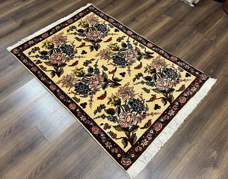 Persian Bidjar Rug 3.6 x 5 ft, Repeated Floral Motifs, Roses and Birds, Cream Burgundy, Fine Wool Oriental Bijar Carpet, Vintage Traditional Area Rug by Jewel Rugs
