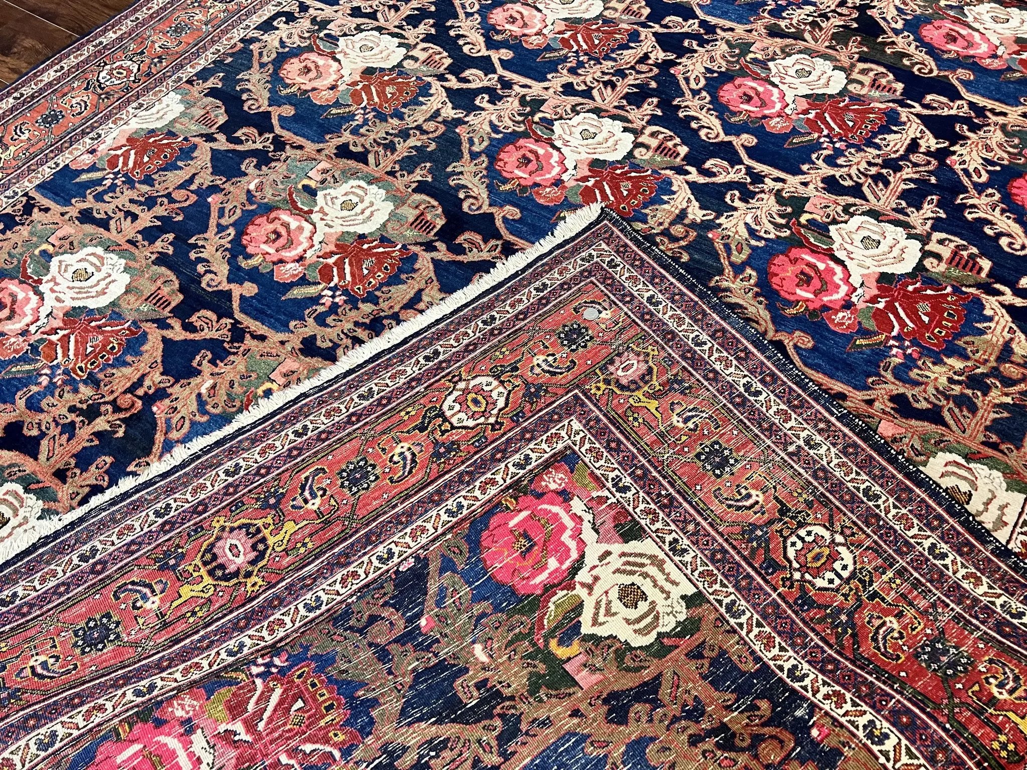 Persian Bidjar Rug 8x11, Floral Bouquets, Blue Black Red Pink, Handmade Hand Knotted Vintage Semi Antique Oriental Carpet by Jewel Rugs