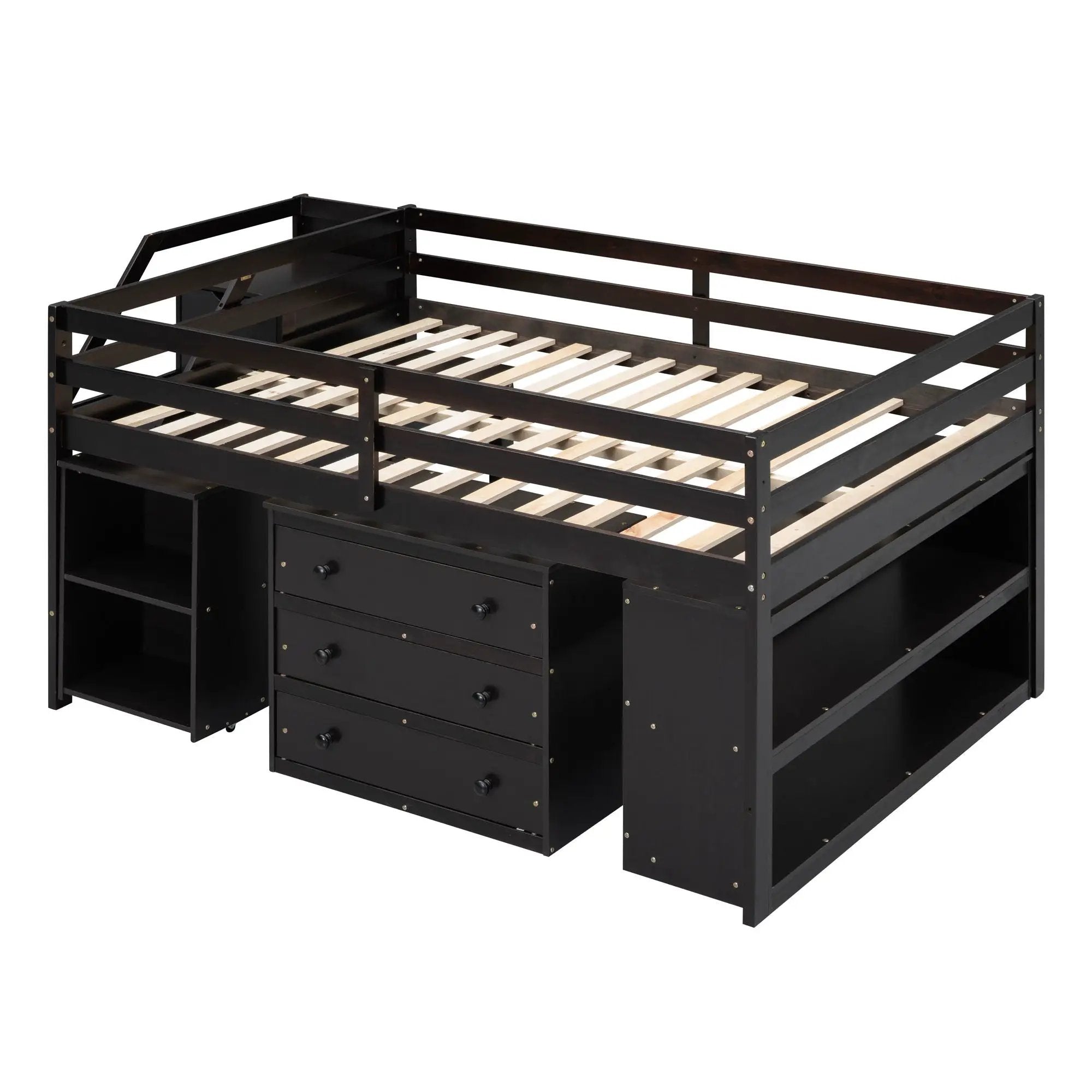 Loft Bed With Retractable Writing Desk And 3 Drawers With Storage Stairs And Shelves by Unique Piece Furniture