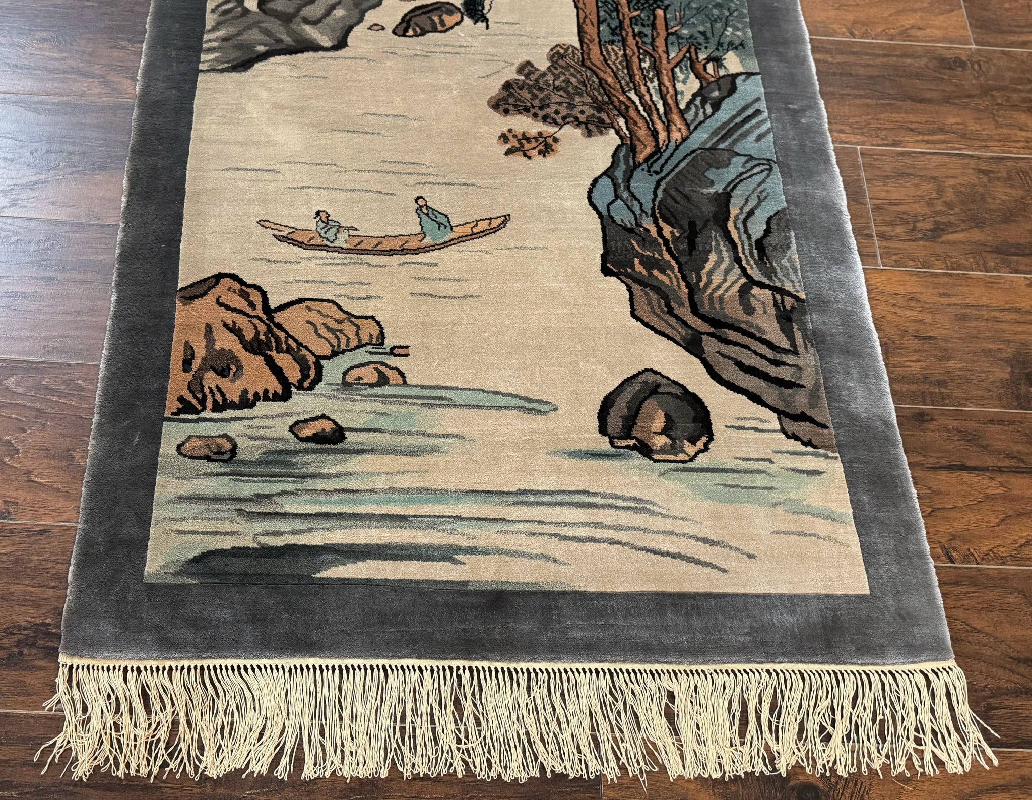 Chinese Silk Wall Hanging 3x5, Handmade, River and Boat Scene, Rug Tapestry by Jewel Rugs