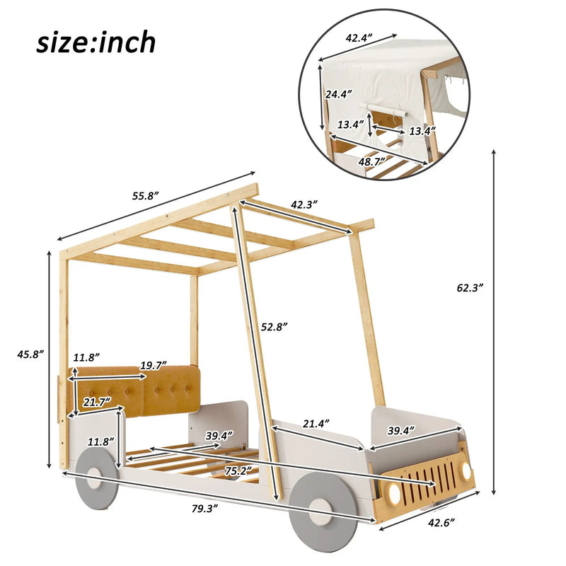 Twin Size Car Bed With Pillow, Ceiling Cloth And LED - Natural by Unique Piece Furniture