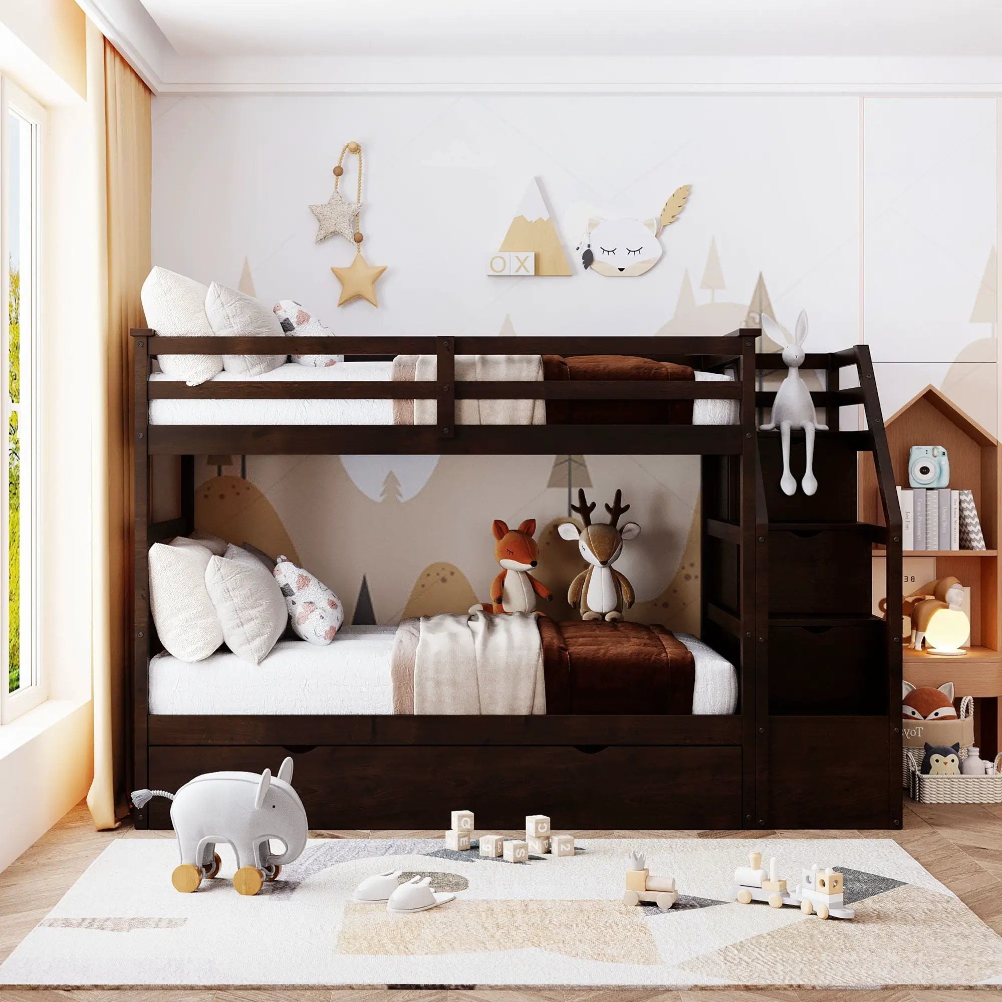 Twin Over Twin Bunk Bed With Twin Size Trundle And 3 Storage Stairs - Espresso by Unique Piece Furniture