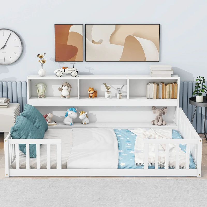 Floor Bed With Side Bookcase, Shelves, Guardrails by Unique Piece Furniture